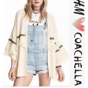 H & M Coachella Womens Open Cardigan Size Small Fringe Aztec Festival Cream Boho